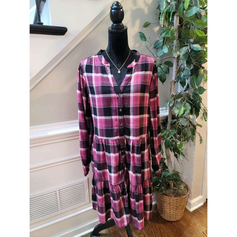 Time & Tru Flannel Dress Women's Size XXXL Pink Tiered Button Front Long Sleeve